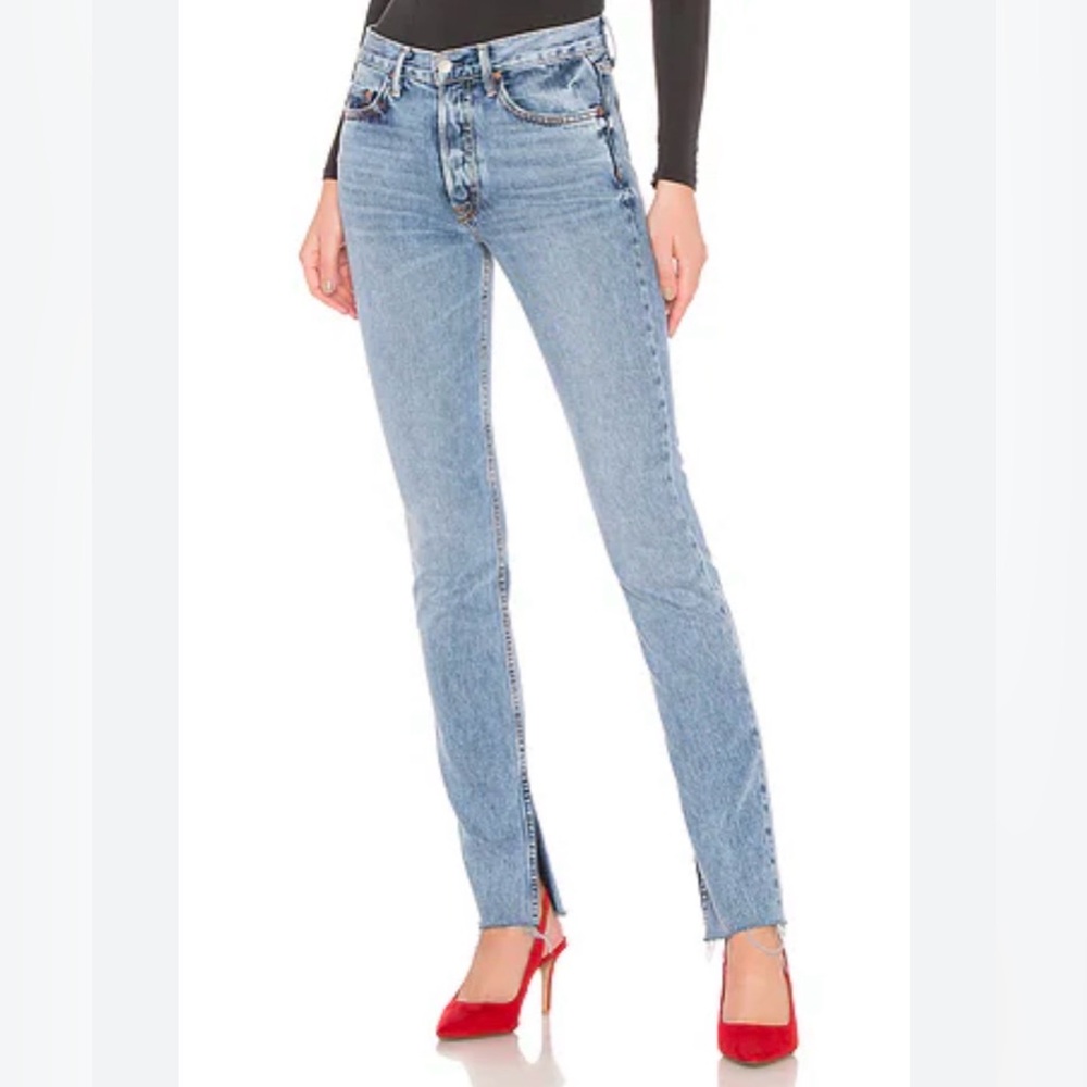 GRLFRND Light Blue Addison Straight Leg Split Boot Jeans High Rise Button Fly 28